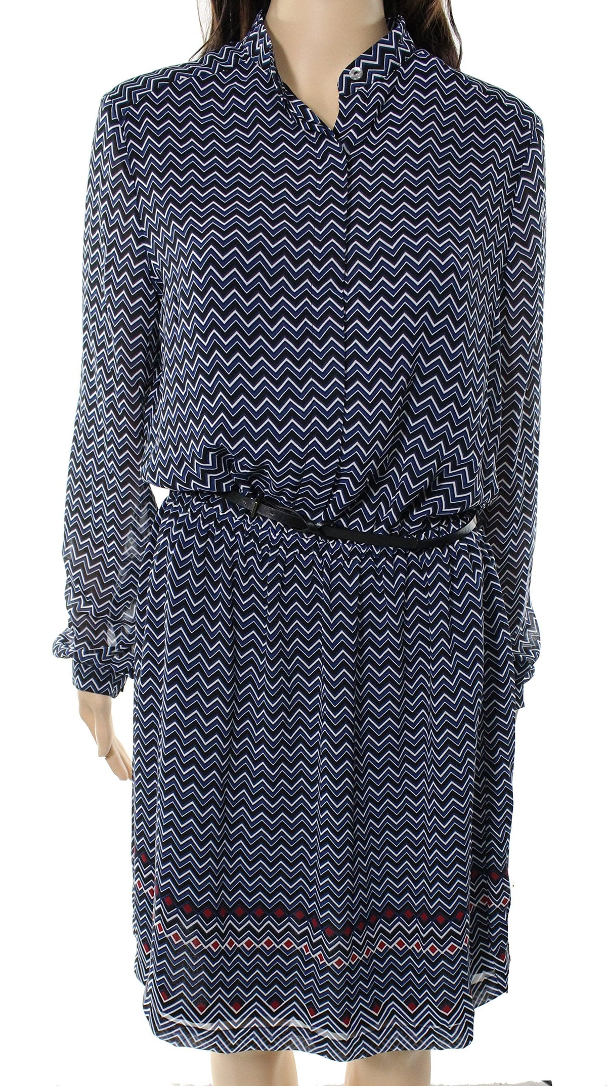 thumbnail image 1 of Max Studio Women's Blue Black White Zigzag Print Shirtwaist Dress, S, 1 of 2