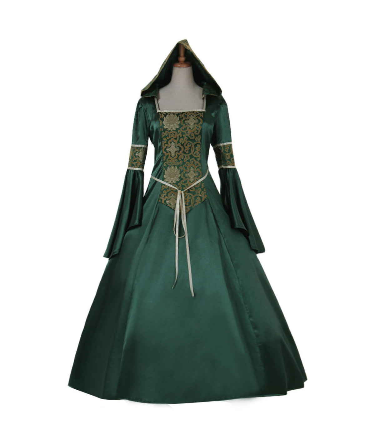 thumbnail image 1 of Medieval Gothic Hooded Dress Vintage Lace Up Square Neck Bell Sleeves Flared Skirt, 1 of 6