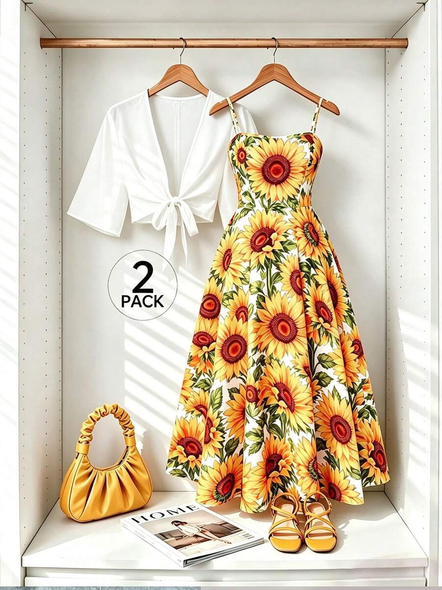 thumbnail image 1 of Multicolor Womens Elegant Sunflower Print Chiffon Dress with Shawl Wrap, 1 of 11