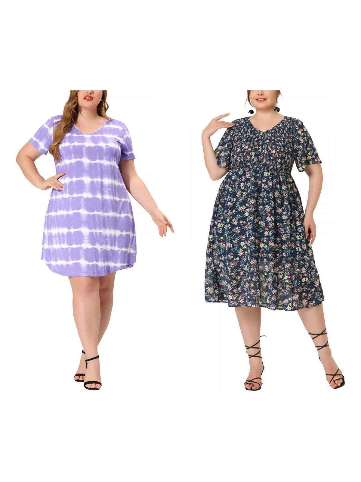 thumbnail image 1 of NOMADIC NOOK Women's Plus Size Smocked Dresses and Tie Dye Stripe V Neck Short Sleeve Summer Casual Midi T-shirt Dress 2X Blue/Light Purple, 1 of 7
