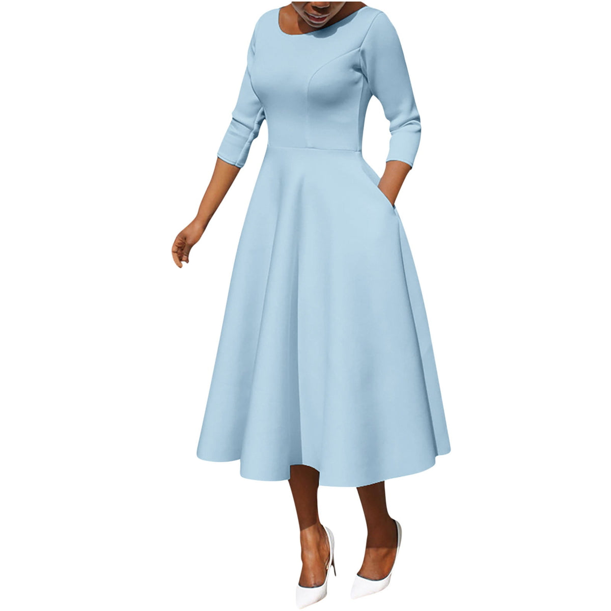 thumbnail image 1 of Oplxuo Women's Elegant Long Sleeve Swing Midi Evening Dress for Work Party with Pockets, 1 of 5