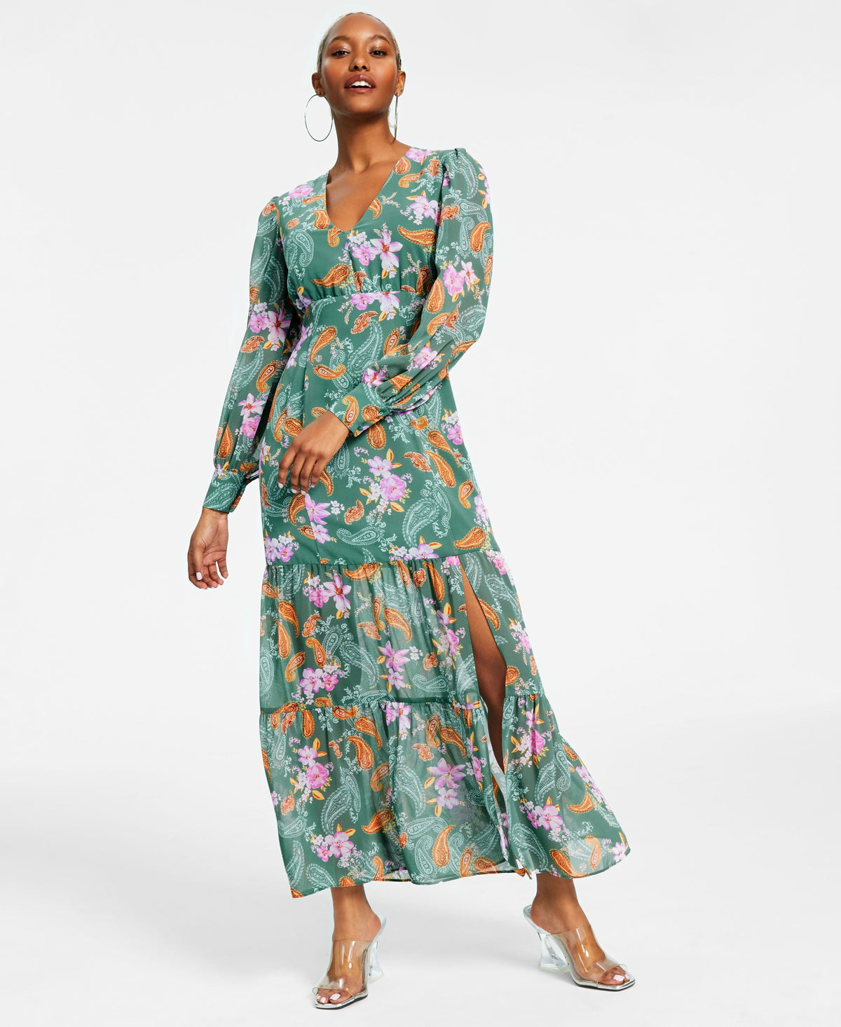 thumbnail image 1 of Petite Floral Chiffon Long-Sleeve Maxi Dress Patricia Paisley PL, 1 of 3