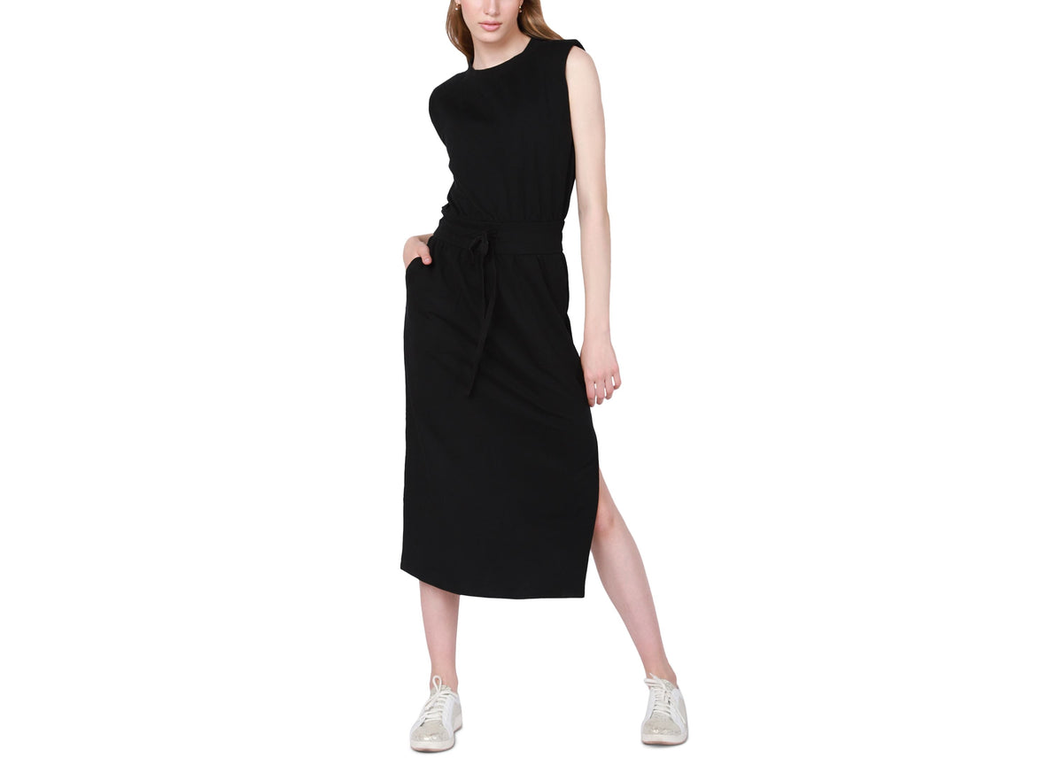 thumbnail image 1 of Petite Padded-Shoulder Drawstring-Waist Dress Black PM, 1 of 1