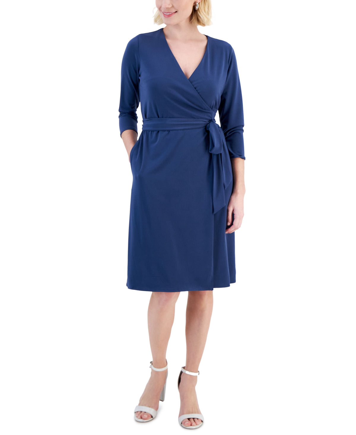 thumbnail image 1 of Petite Printed 3/4-Sleeve Wrap Dress Sargasso Sea PL, 1 of 1