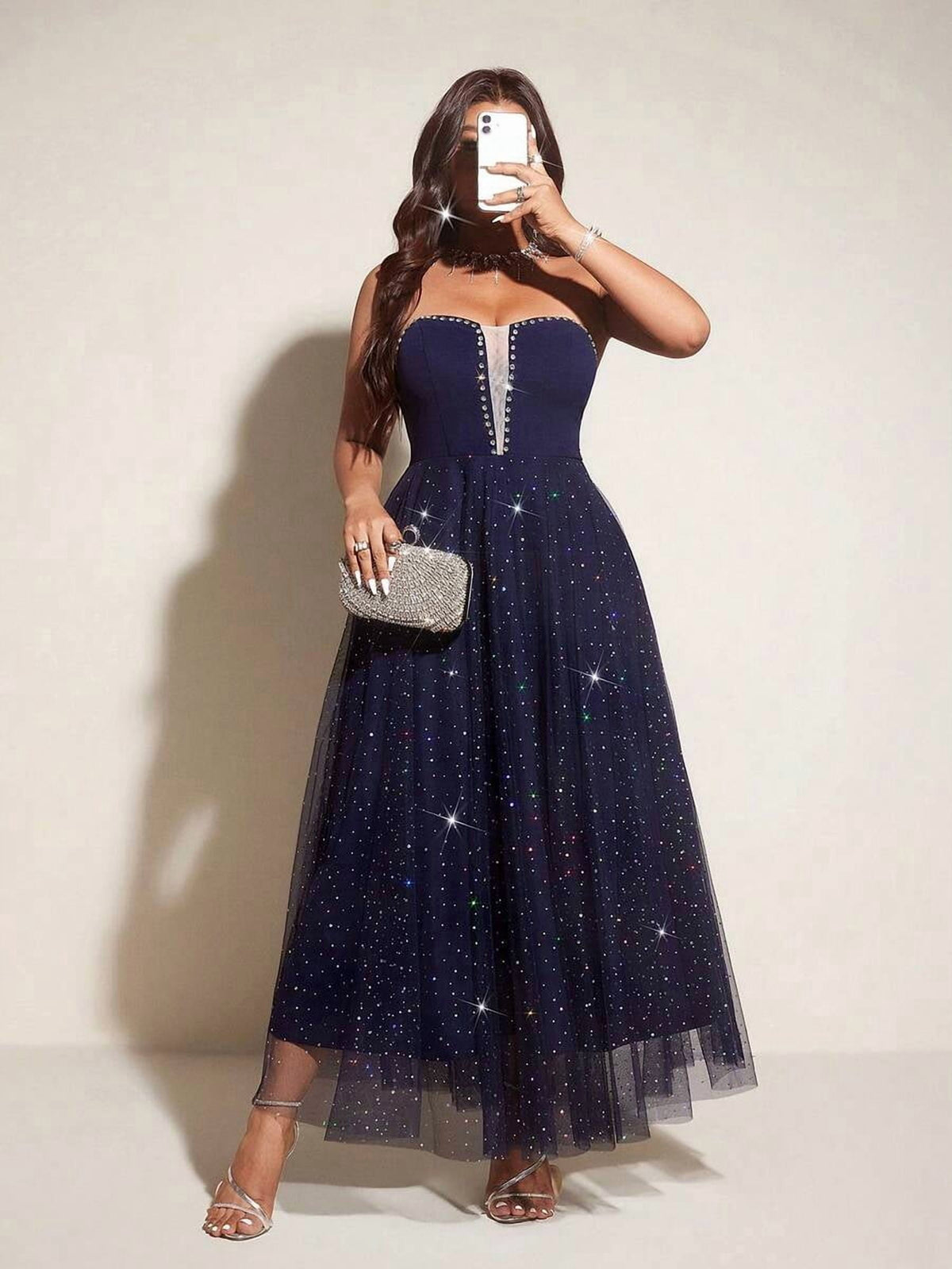 thumbnail image 1 of Plus Size Blue Strapless Starry Sky Rhinestone Evening Gown, 1 of 7