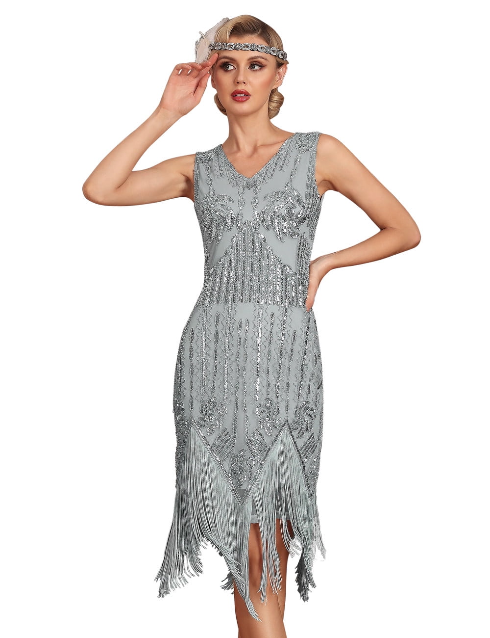 thumbnail image 1 of PrettyGuide Women's Great Gatsby Dress V Neck Sequin Beaded Long Fringe 20s Party 1920s Flapper Dress, 1 of 8