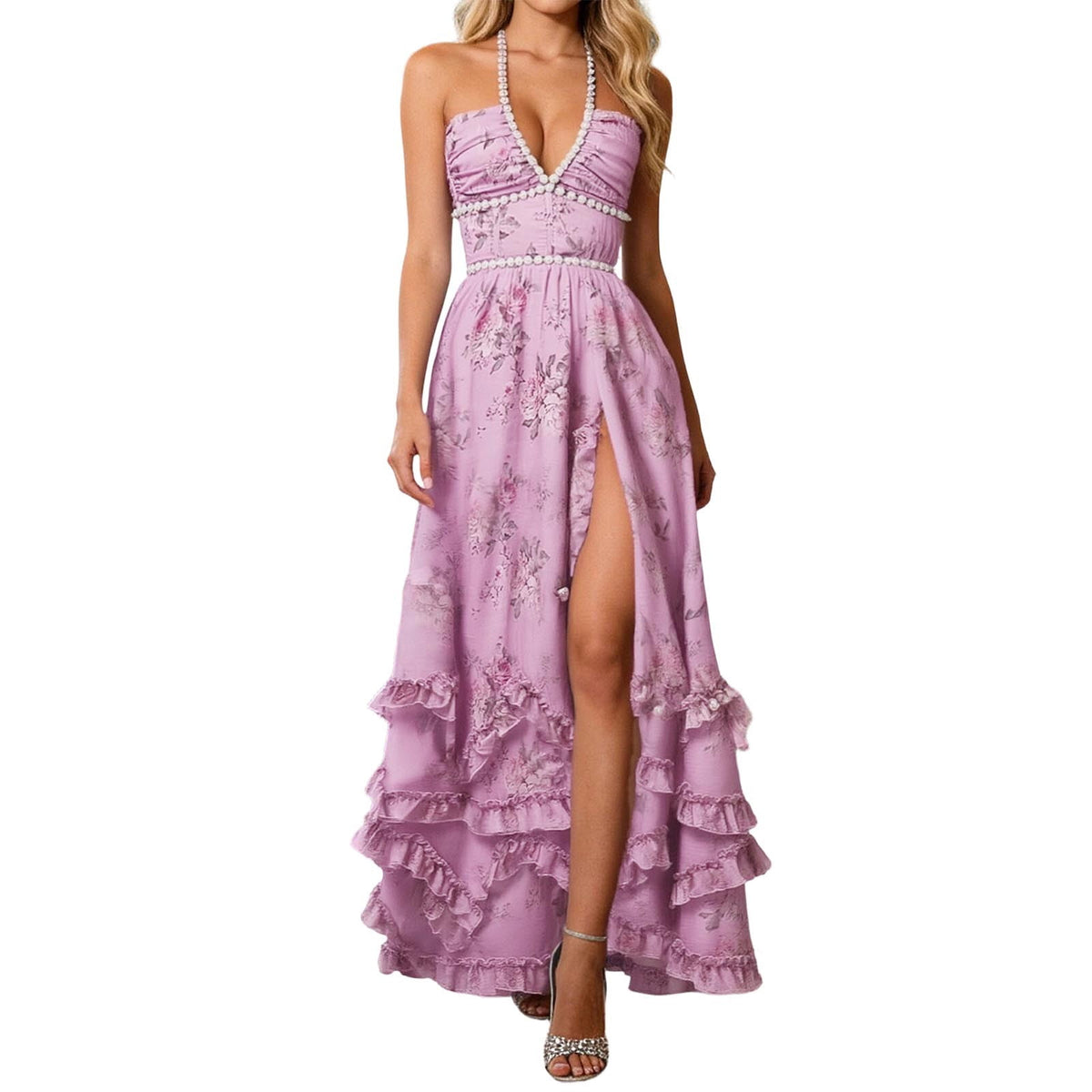 thumbnail image 1 of Puliio Maxi Dresses for Women Summer Halter Rhinestone Floral Slit Ruffle Vacation Dress, 1 of 4