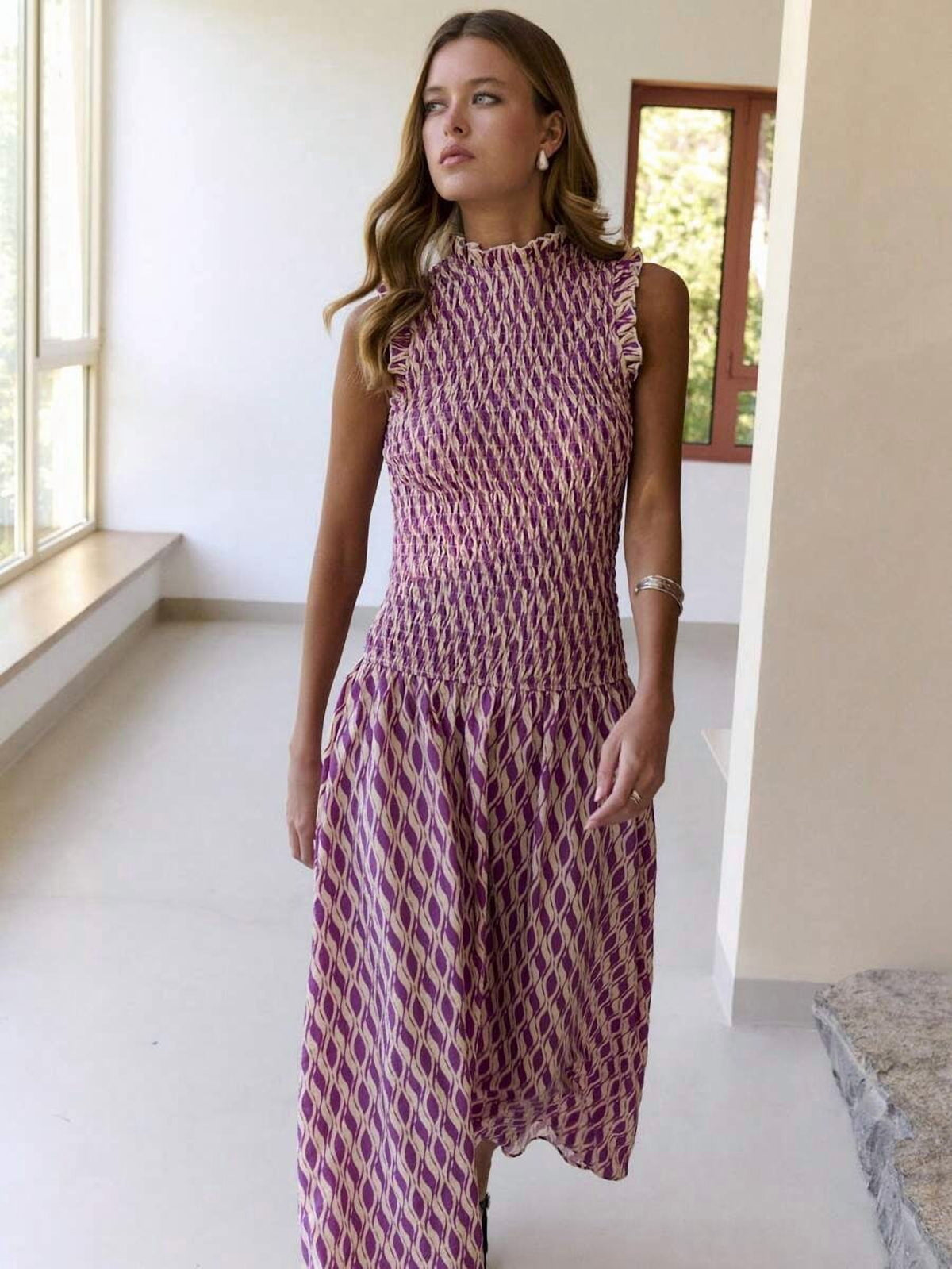 thumbnail image 1 of Purple Geometric Print Smocked High Neck Maxi Dress With Ruffled, 1 of 8