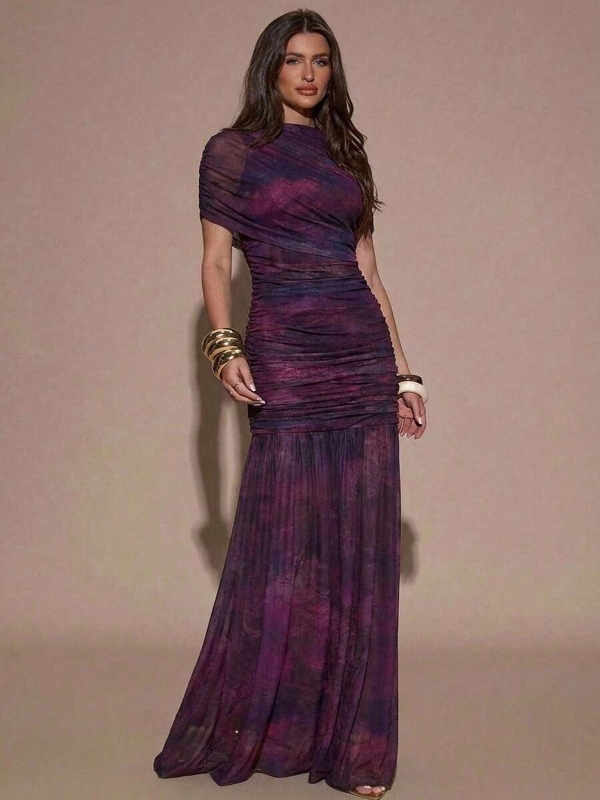 thumbnail image 1 of Purple Tie-Dye Ruched Maxi Dress With Short Sleeve And Round Neck, 1 of 30