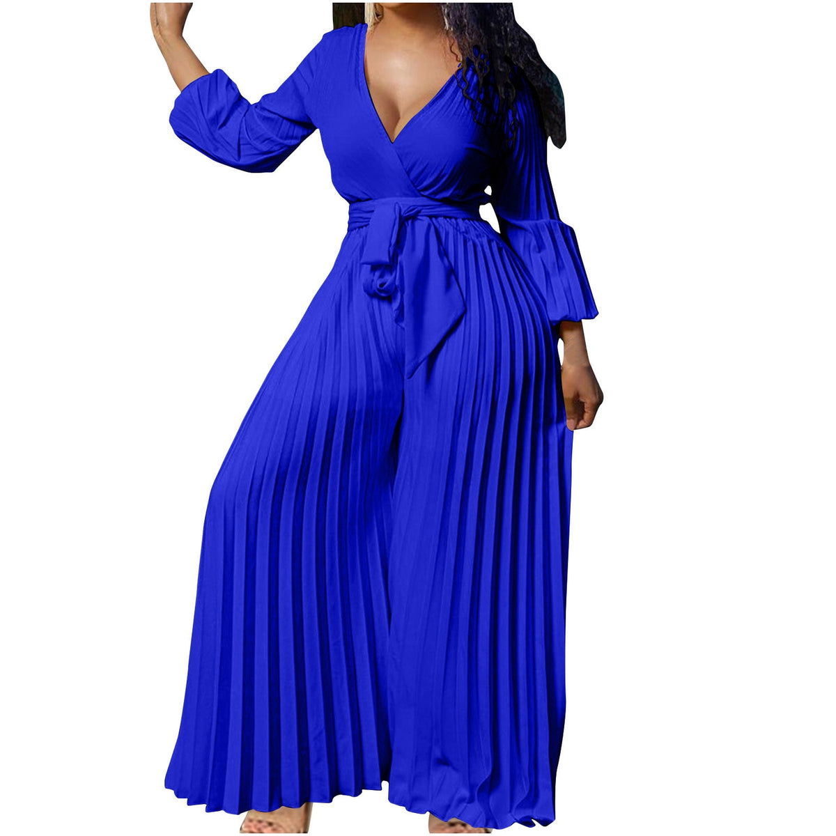 thumbnail image 1 of RYRJJ Jumpsuits for Women Dressy Elegant V Neck Long Sleeve Wide Leg Pleated Pants Plus Size Formal Wedding Guest Cocktail Party Romper(Blue,L), 1 of 6
