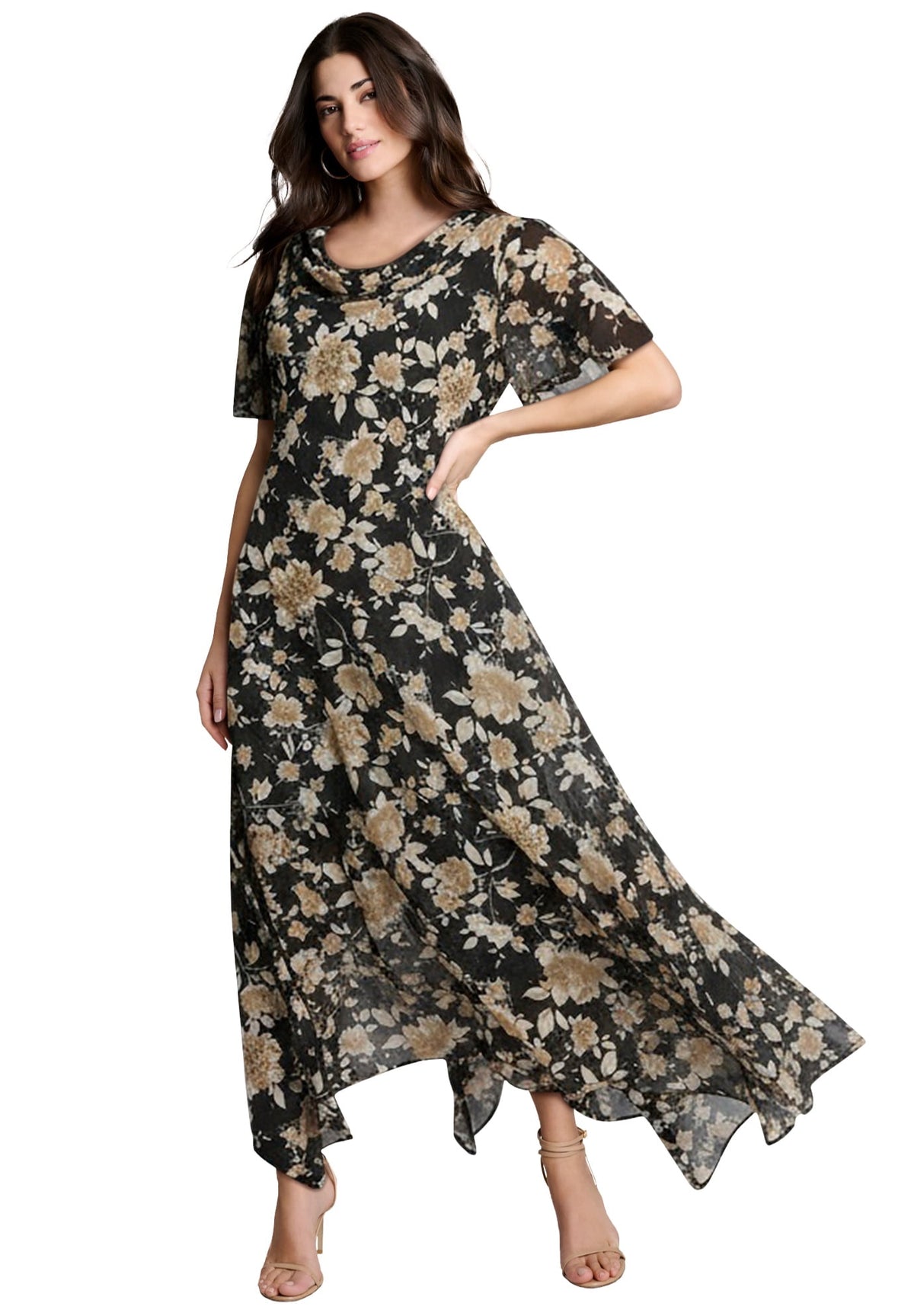thumbnail image 1 of Roaman's Women's Plus Size Floral Sequin Flutter-Sleeve Gown – Handkerchief-Hem Maxi Dress, 1 of 4
