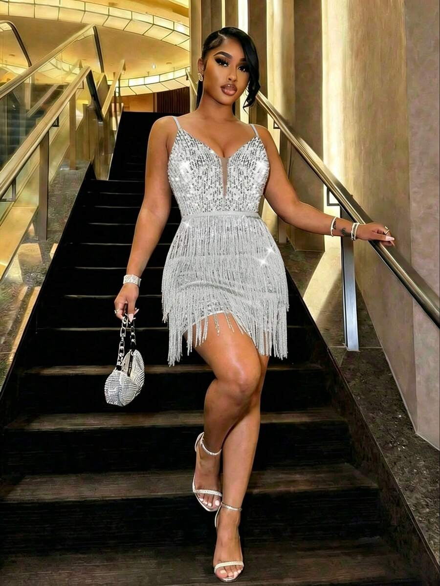 thumbnail image 1 of Silver Womens Sequin Fringe Mini Dress, Sparkly V-Neck Bodycon Homecoming, 1 of 6