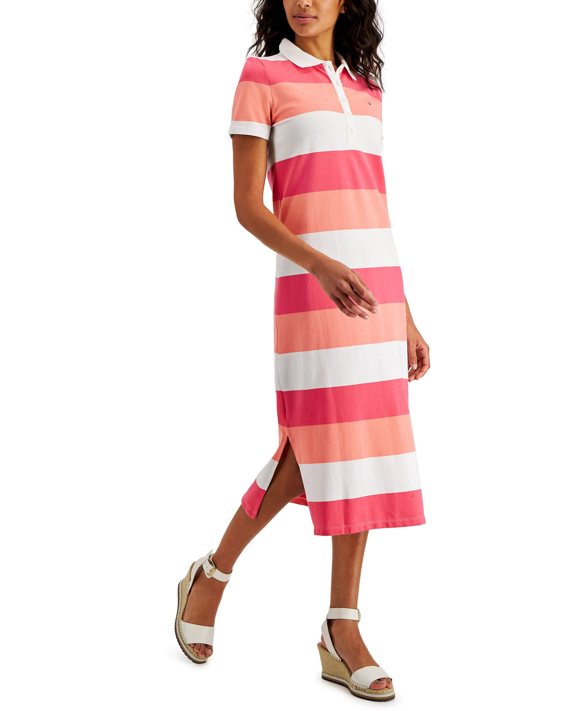 thumbnail image 1 of Tommy Hilfiger Womens Striped Polo Midi Dress Warm Combo S, 1 of 1