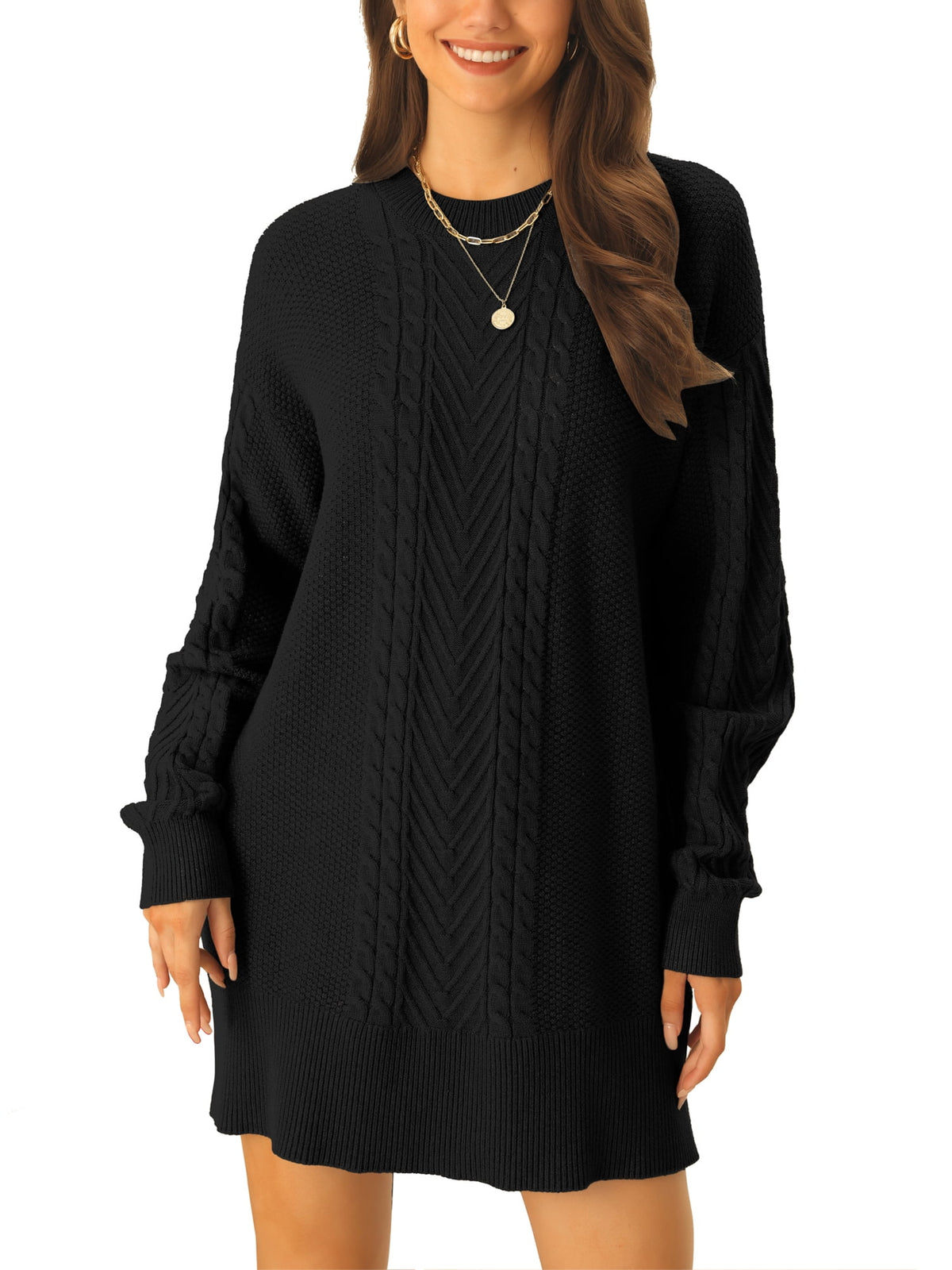 thumbnail image 1 of Unique Bargains Womens' Textured Long Sleeve Above Knee Casual Sweater Dress L Black, 1 of 6