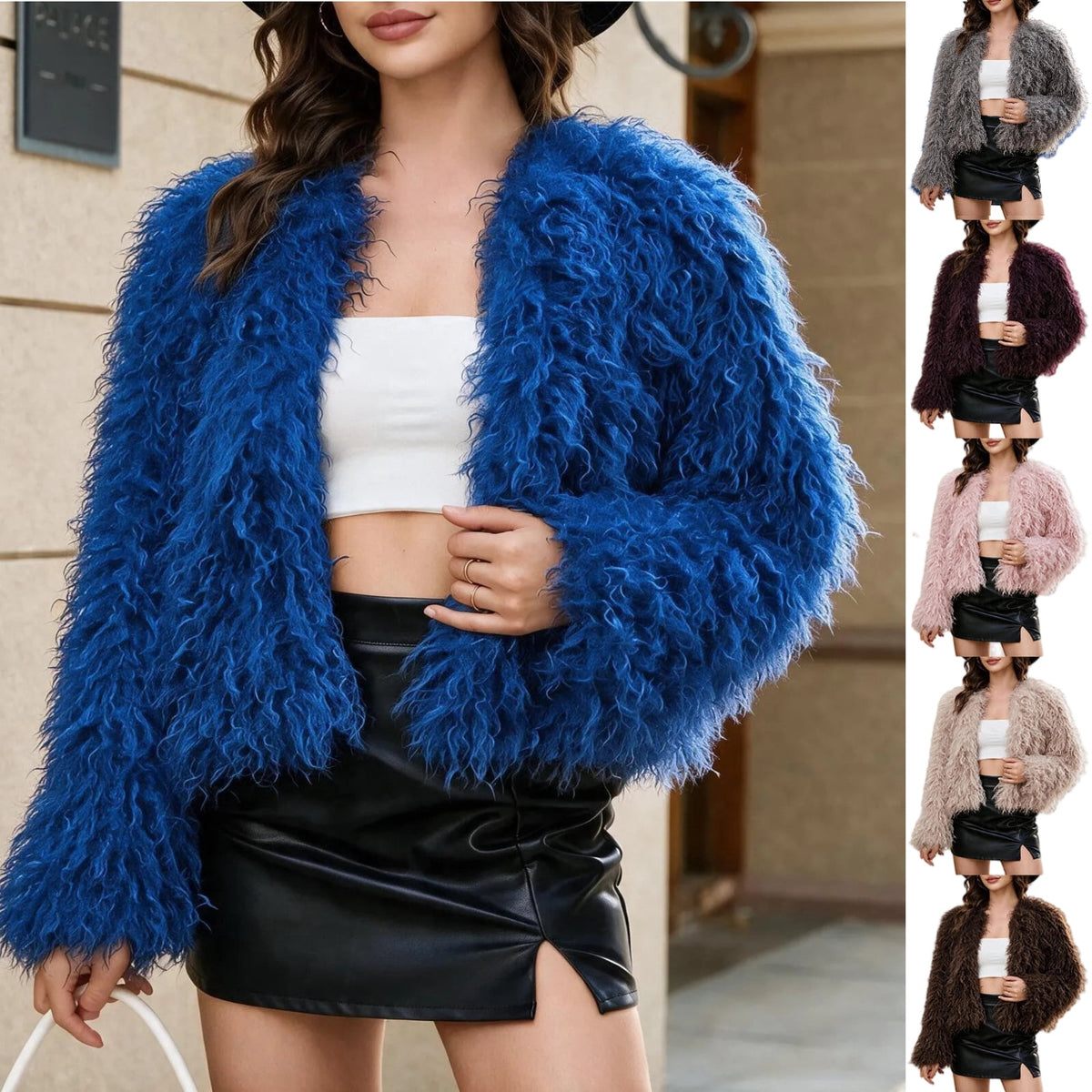 thumbnail image 1 of WLOMHUW Women’s Cropped Jackets Plush Long Sleeve Faux Fur Jacket for Party Dress S, 1 of 7