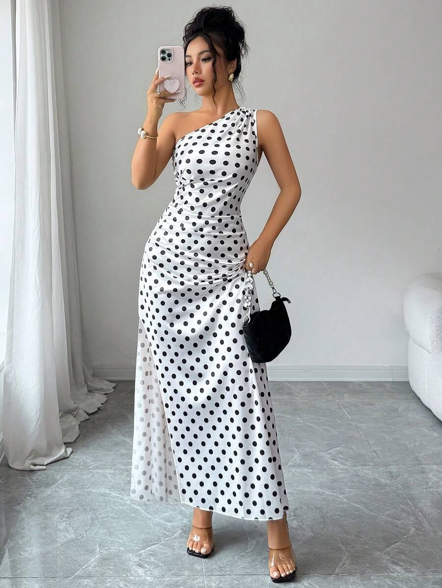 thumbnail image 1 of White Polka Dot Satin One Shoulder Ruched Maxi Evening Dress, 1 of 6