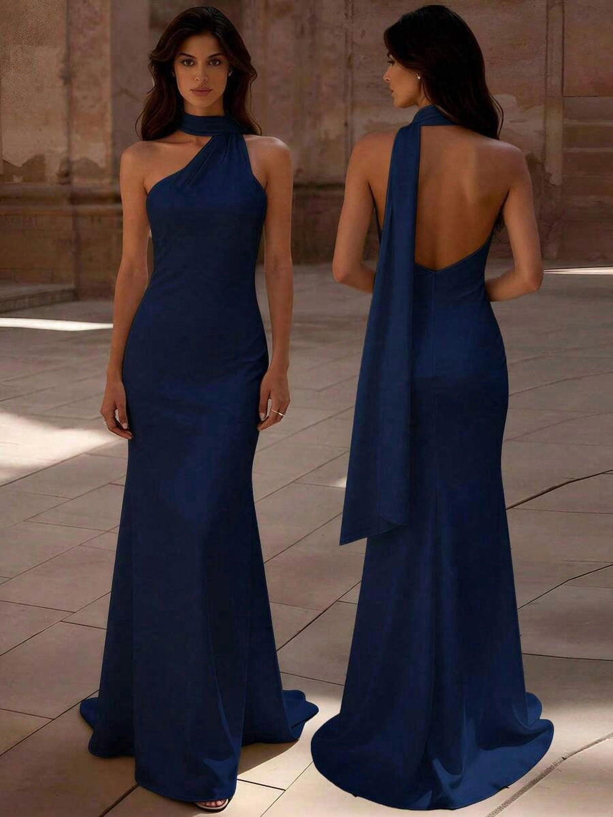 thumbnail image 1 of Women Blue Halter Neck One Shoulder Backless Mermaid Evening Dress, 1 of 5
