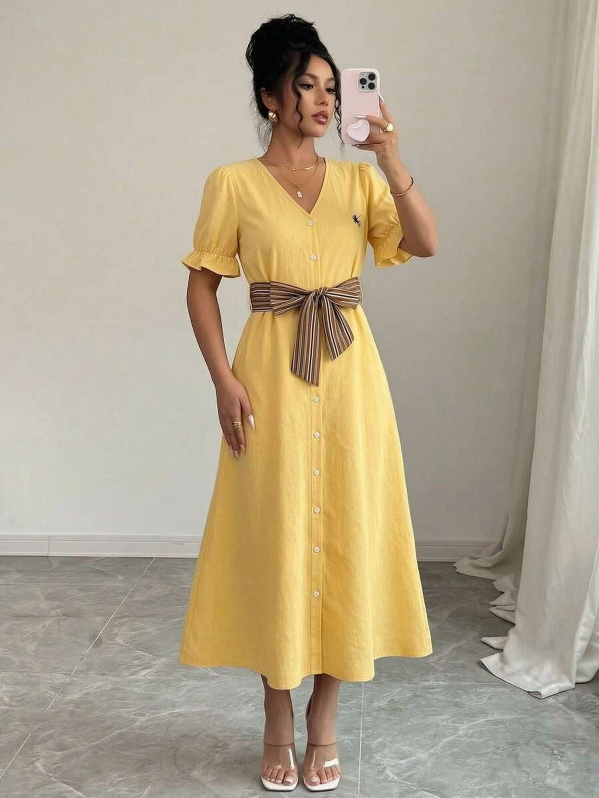 thumbnail image 1 of Women Light Yellow V-Neck Button Front Midi Dress With Bow Belt Petal, 1 of 7