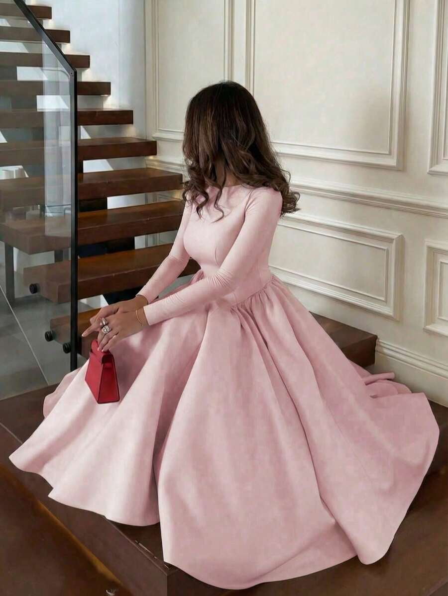 thumbnail image 1 of Women Pink Long Sleeve Midi Dress Pleated A-Line Swing Evening Party Formal, 1 of 10