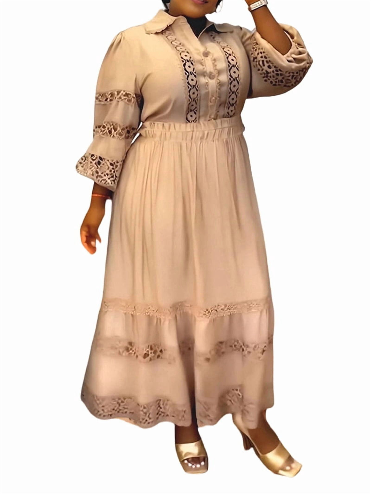 thumbnail image 1 of Women'S Elegant Mesh Mini Dress with Puff Sleeves and High Collar Khaki XL, 1 of 8