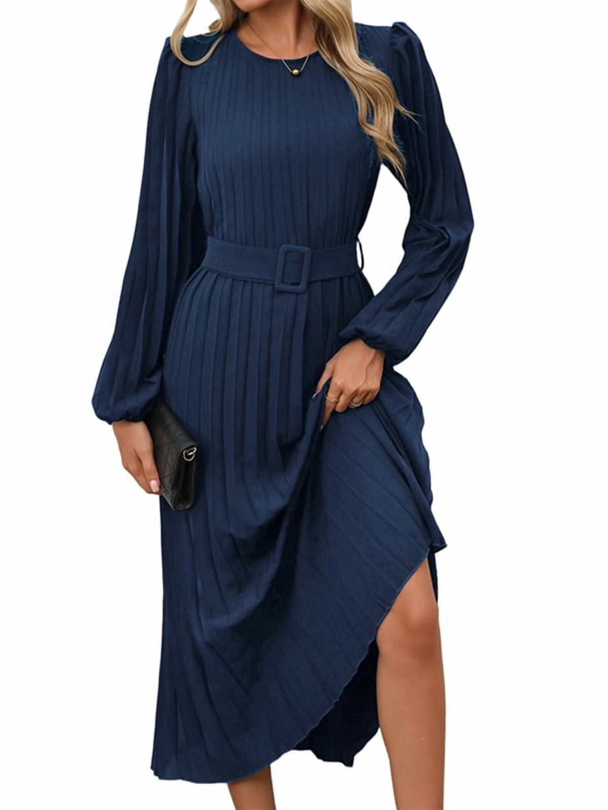 thumbnail image 1 of Women'S Midi Dress Long Puff Sleeve Wrap Crew Neck Flowy Ruffle Pleated Casual Fall Dresses Dark Blue S, 1 of 9