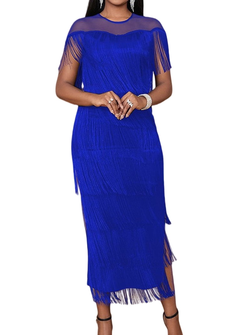 thumbnail image 1 of Women'S Plus Size 1920s Flapper Dress Sleeveless Deep V Neck Fringe All over Tassel Tiered Prom Party Midi Dress Blue L, 1 of 8