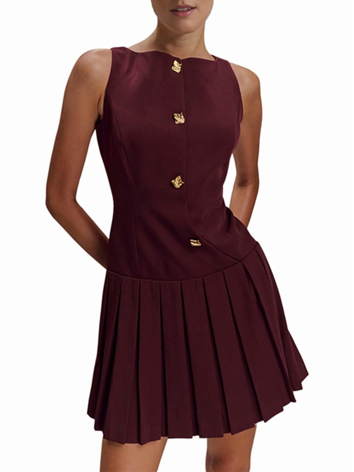 thumbnail image 1 of Women Sleeveless Business Work Office Mini Dress Sleeveless Button Formal Short Pleated Dress Wine Red M, 1 of 9