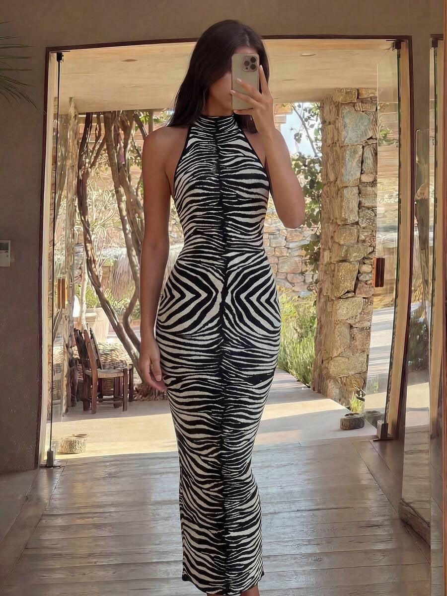 thumbnail image 1 of Women Zebra Print Halter Neck Backless Fitted Maxi Dress, Multicolor, 1 of 6