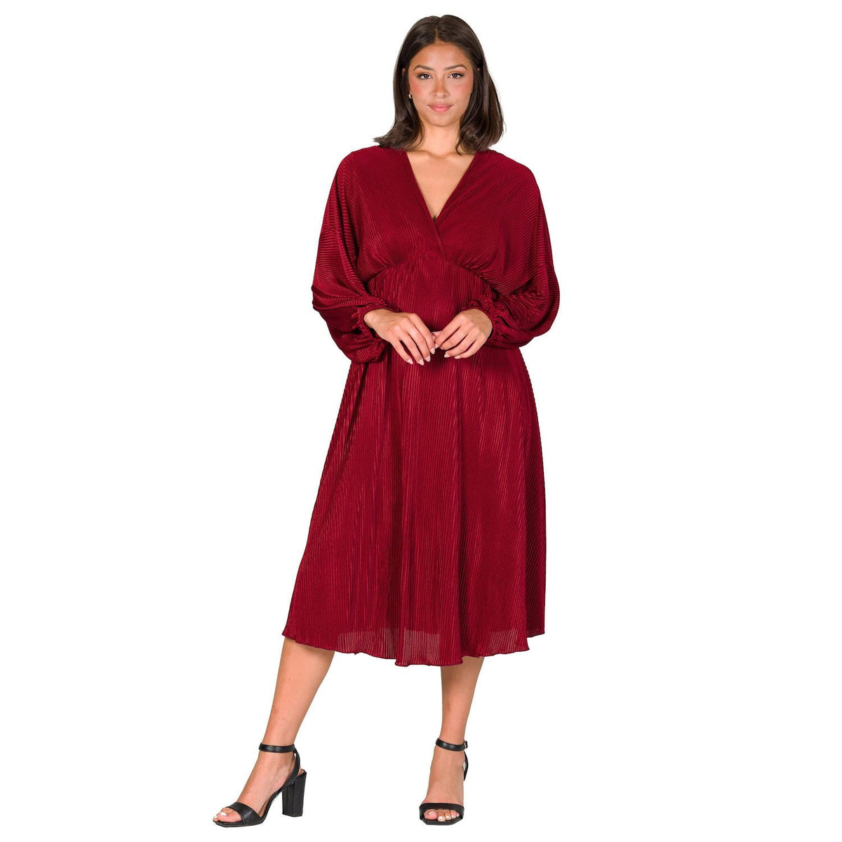 thumbnail image 1 of Women's 24Seven Comfort Apparel V-Neck Empire Waist Bishop Sleeve Midi Dress Color: Wine Size: SMALL, 1 of 4