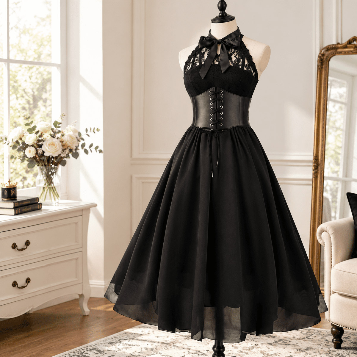 thumbnail image 1 of Women's Black Small Sleeveless Gothic Lace Corset Halter Swing Cocktail Dress, 1 of 6