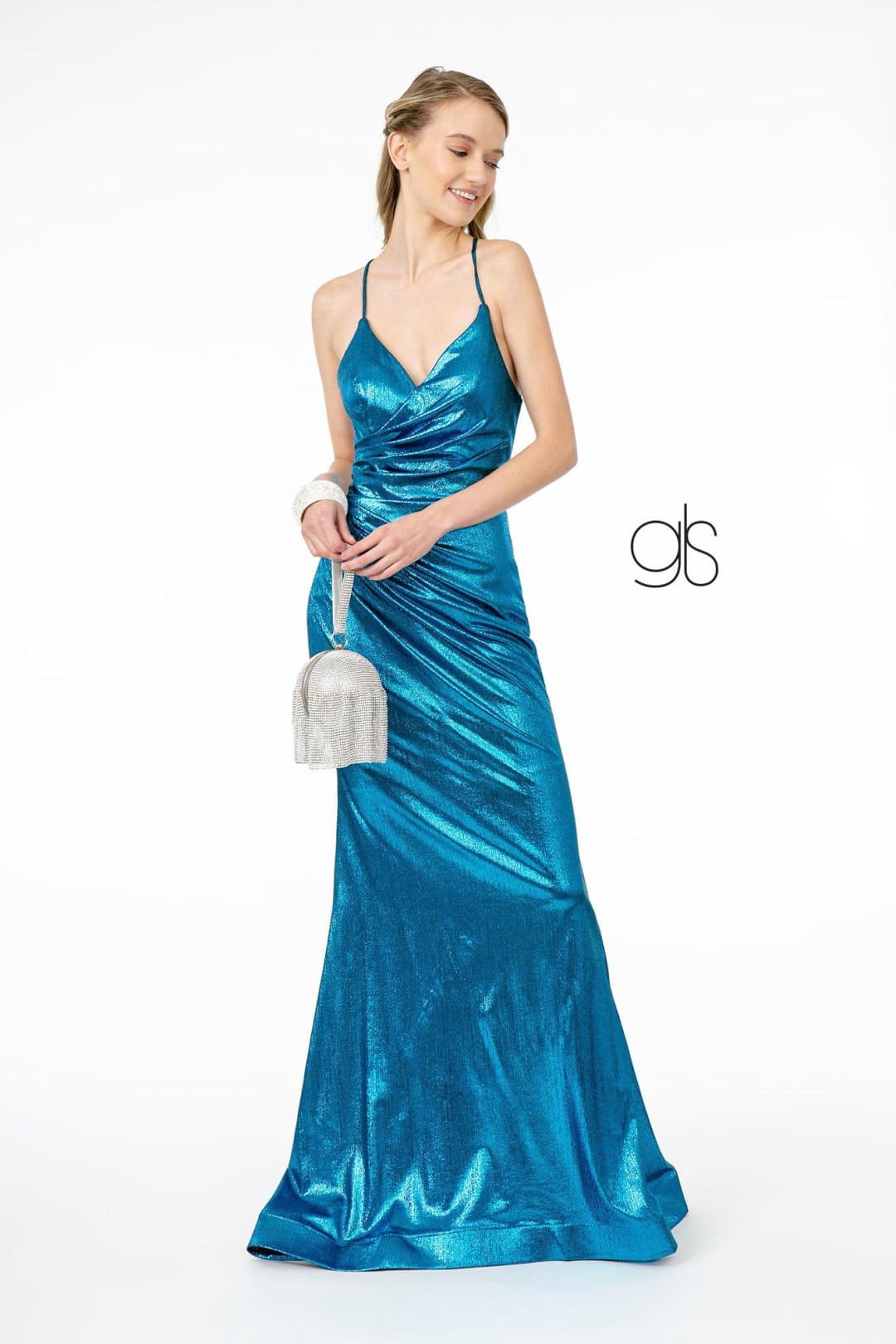 thumbnail image 1 of Women's Elizabeth K V Neck Metallic Mermaid Gown Gl2943 Turquoise Size L, 1 of 5