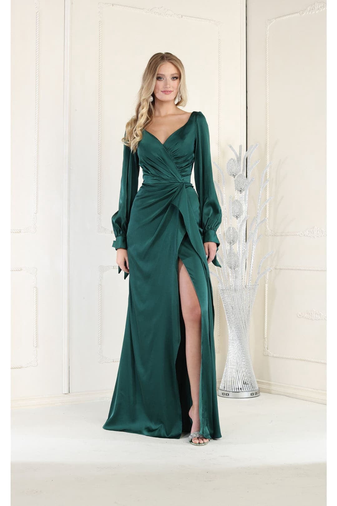 thumbnail image 1 of Women's May Queen MQ1974 Long Sleeve Satin evening elegant Dress-New Collection Hunter Green 8, 1 of 1