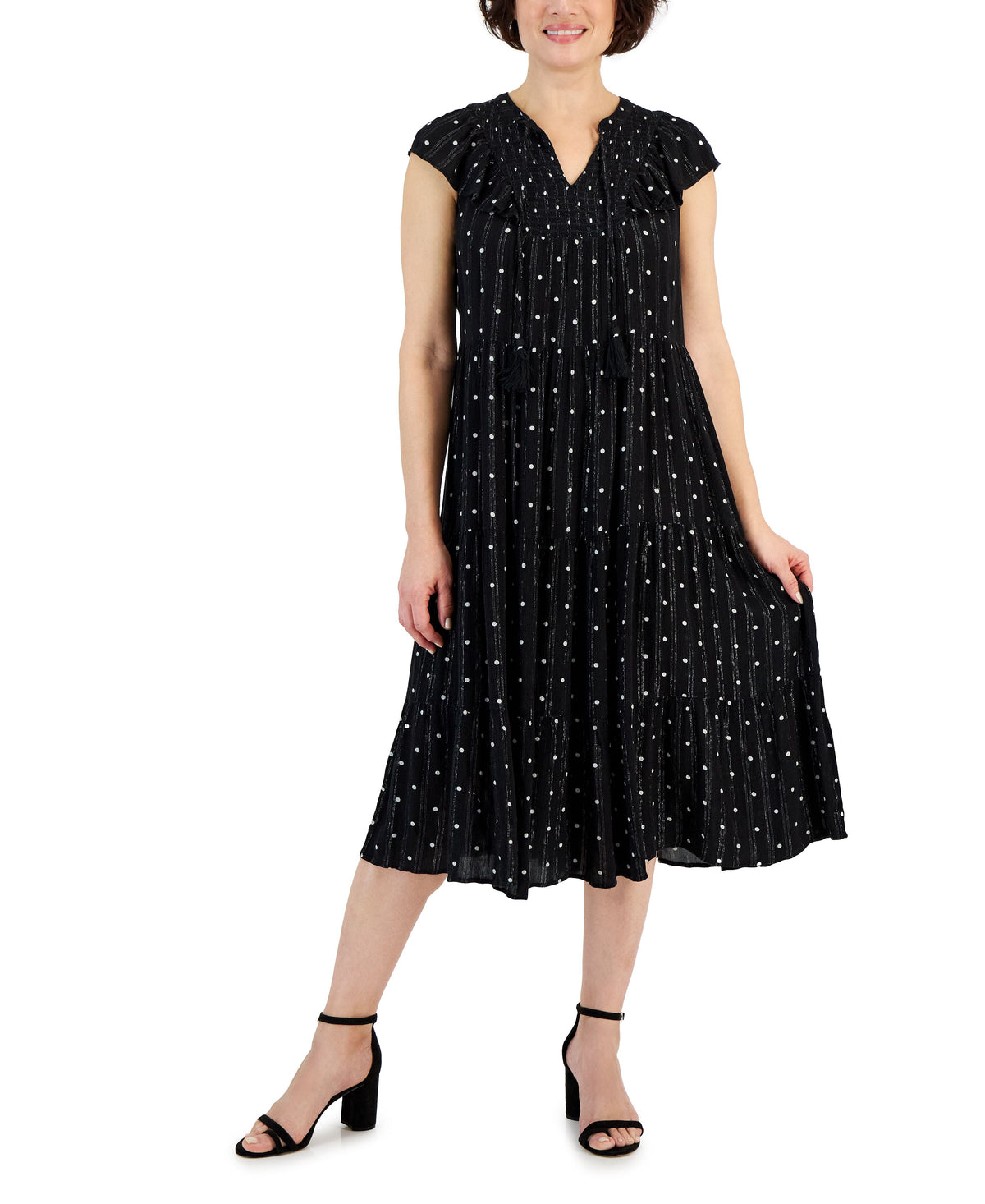 thumbnail image 1 of Women's Printed Ruffled Shine Midi Dress Black Polka Dot XL, 1 of 1