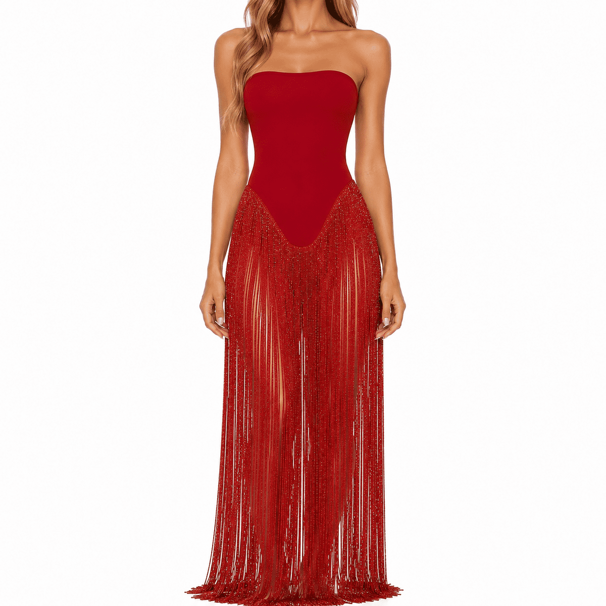 thumbnail image 1 of Women's Red Strapless Fringe Maxi Dress with Fitted Bodice, 1 of 7