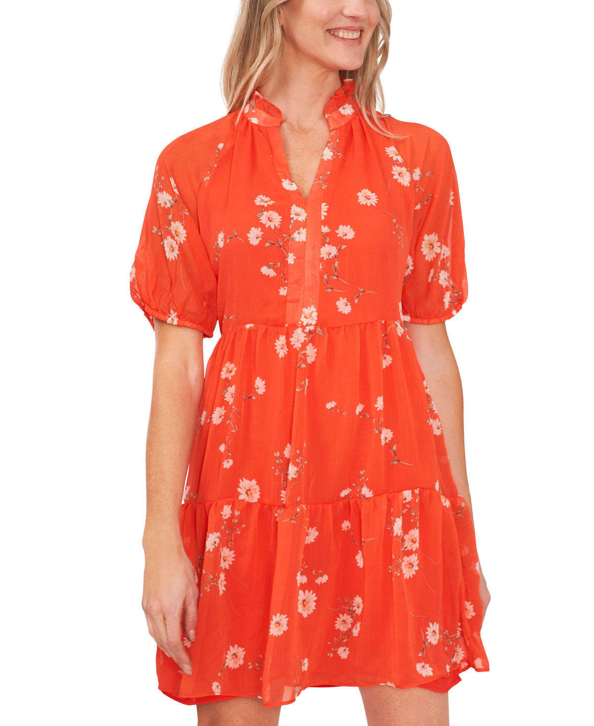 thumbnail image 1 of Women's Short Sleeve Floral-Print Baby Doll Dress Coral Sunset M, 1 of 1