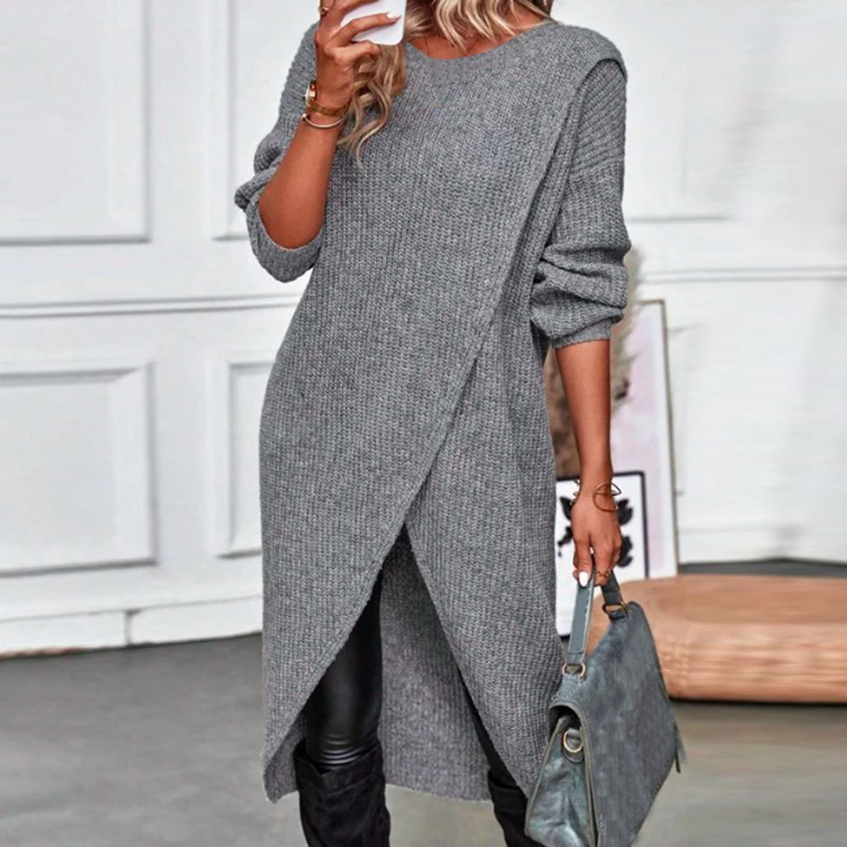 thumbnail image 1 of Women's Sweater Dress Knit Dress Dress Midi Dress Knitwear Warm Fashion Plain Outdoor Daily Going Out Crew Neck Long Sleeve Dress Midi Dresses Summer Tunic Dress Sleeveless Tunics Dress Long Sleeve, 1 of 6
