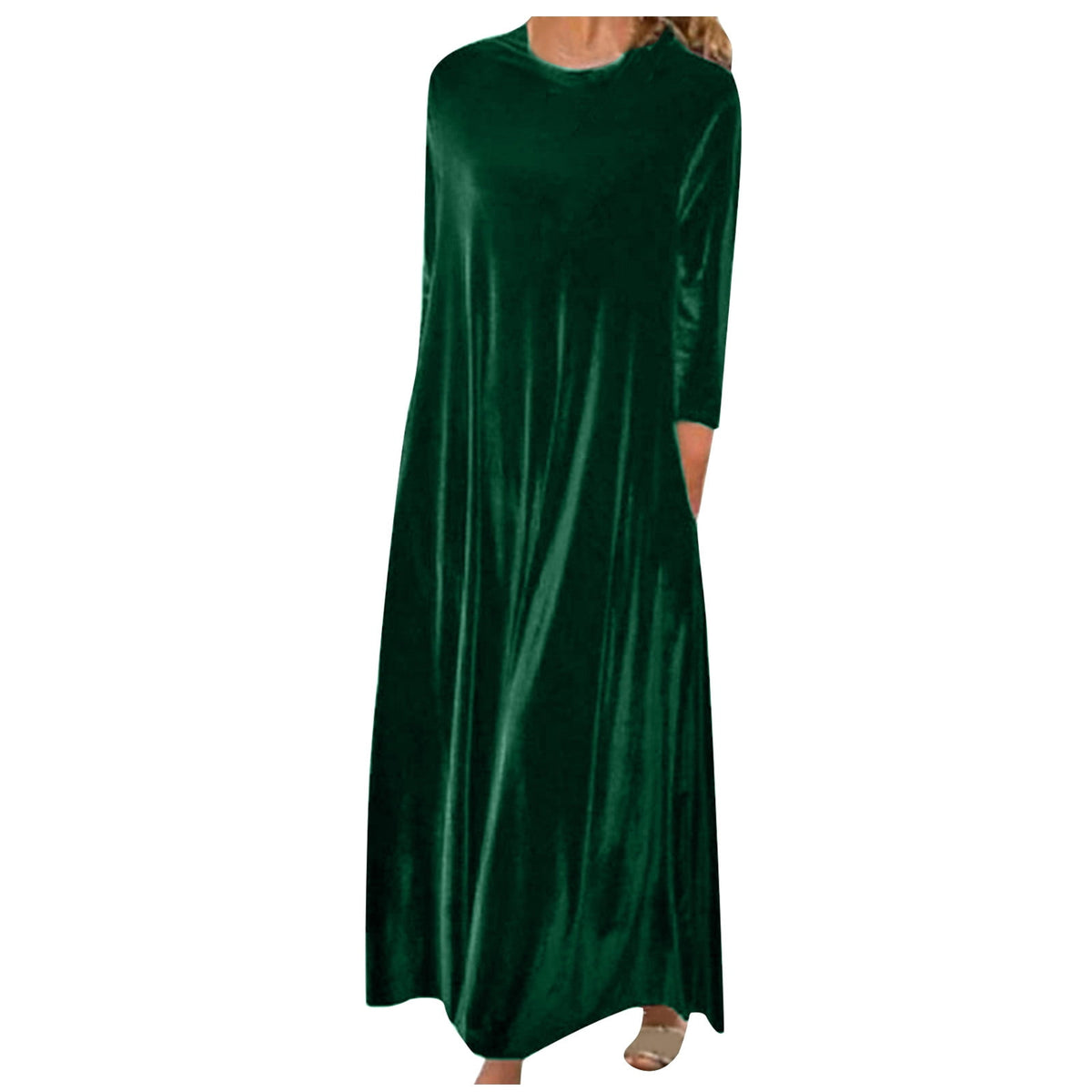 thumbnail image 1 of Women's Velvet Homecoming Dresses Fall Winter Long Sleeve Flowy Cocktail Party Long Maxi Dress Casual Loose Crewneck Pleated A Line Holiday Dress with Pockets, 1 of 6
