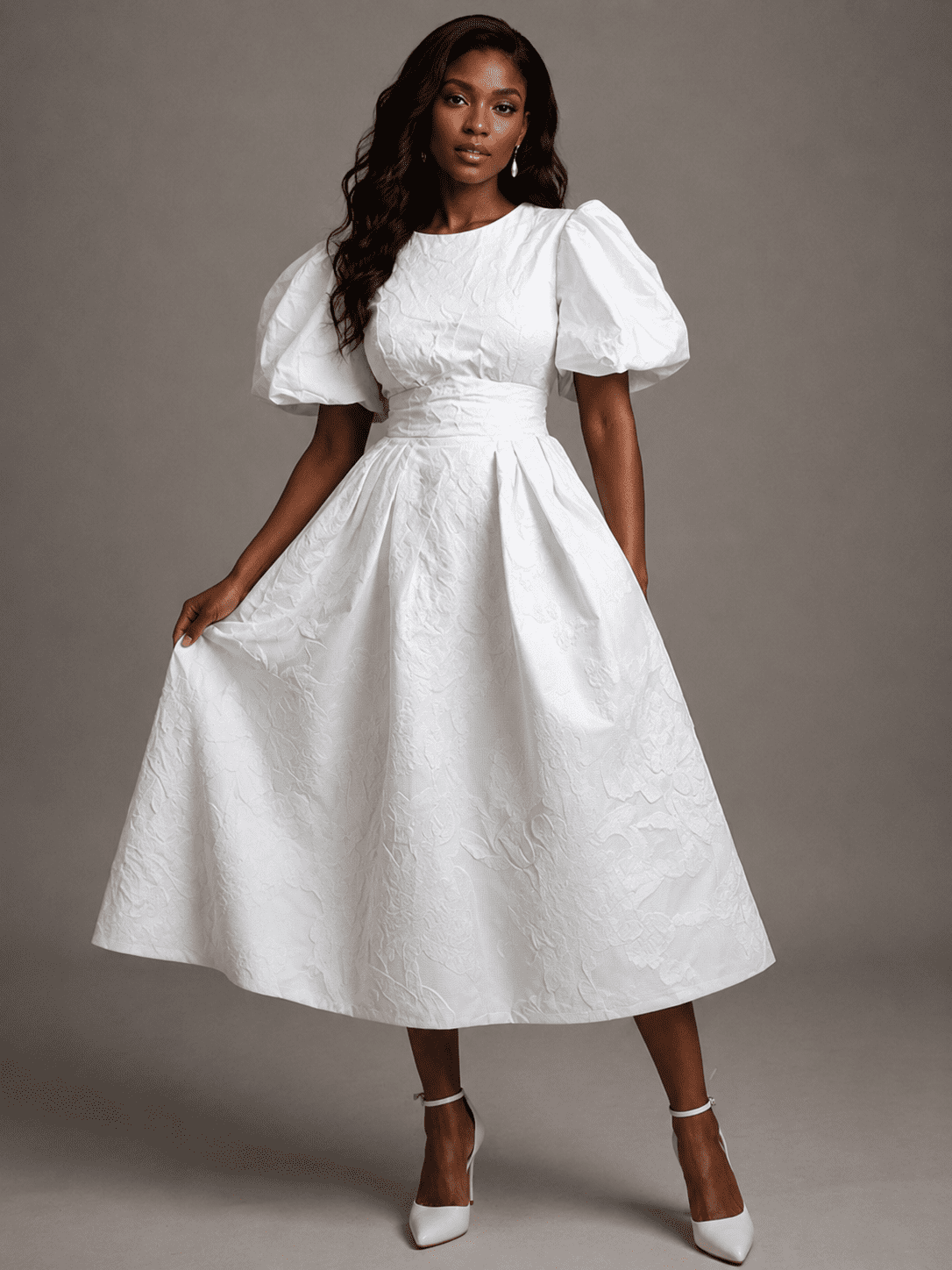 thumbnail image 1 of Women's White Pleated Jacquard A-Line Midi Silhouette Midi Dress with Puff Sleeve for Wedding Guest, Prom and Evening Party, 1 of 2