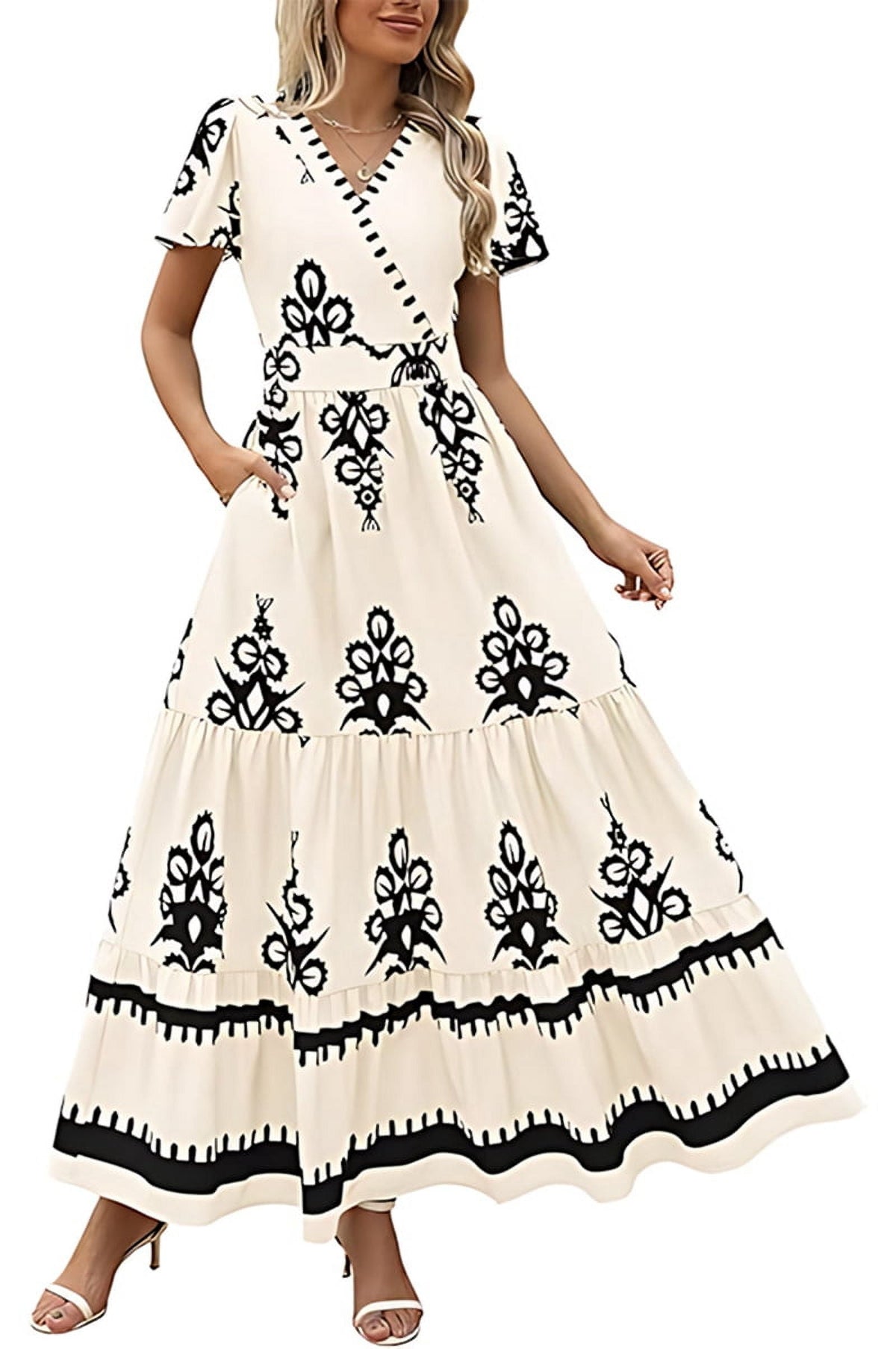 thumbnail image 1 of Womens 2025 Summer Casual V Neck Boho Maxi Dress Flowy Aline Bell Sleeve Tiered Floral Dresses with Pocket L, 1 of 7