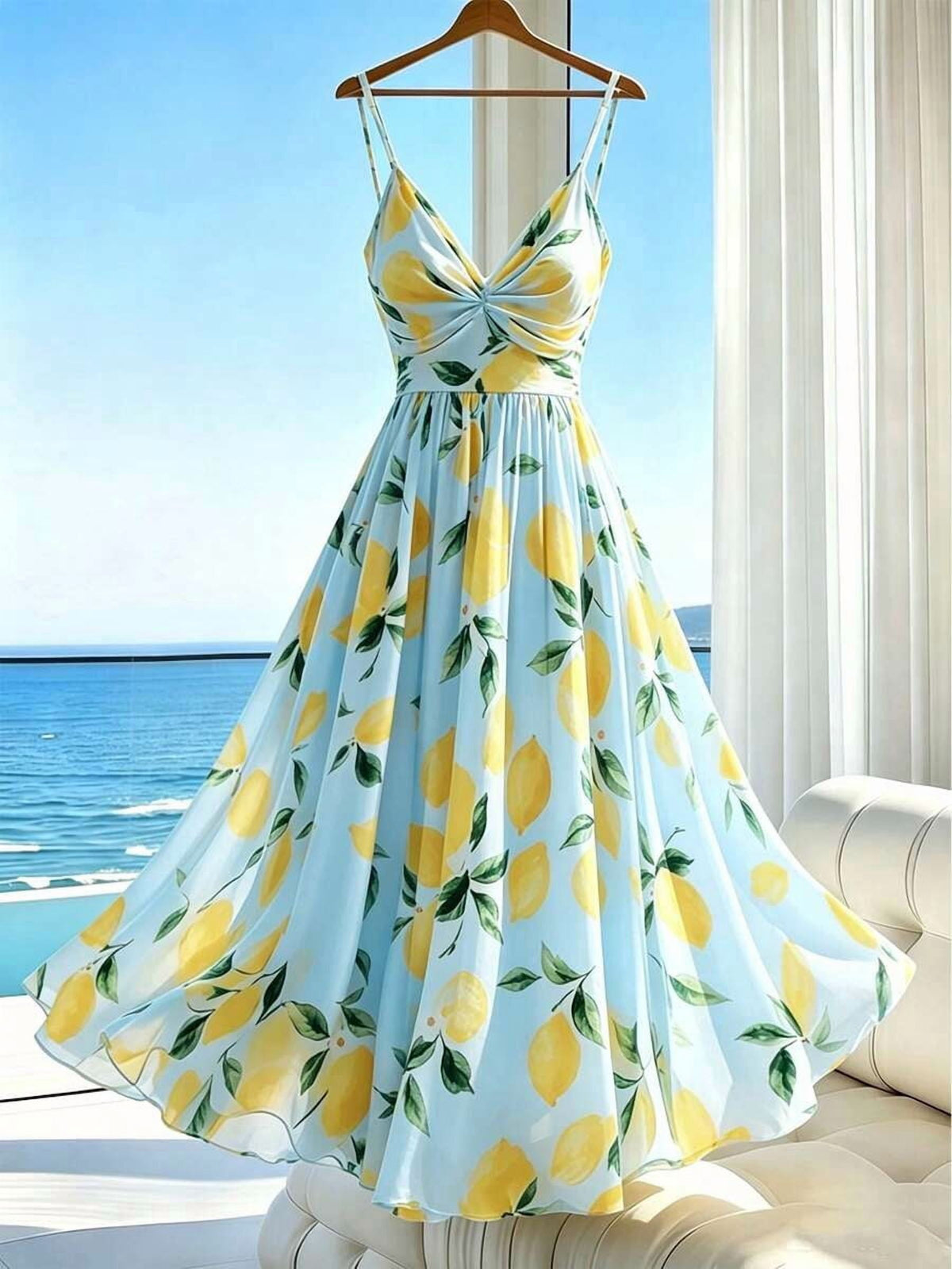 thumbnail image 1 of Womens Baby Blue Lemon Print Spaghetti Strap Ruched Bodice Maxi Dress, 1 of 6