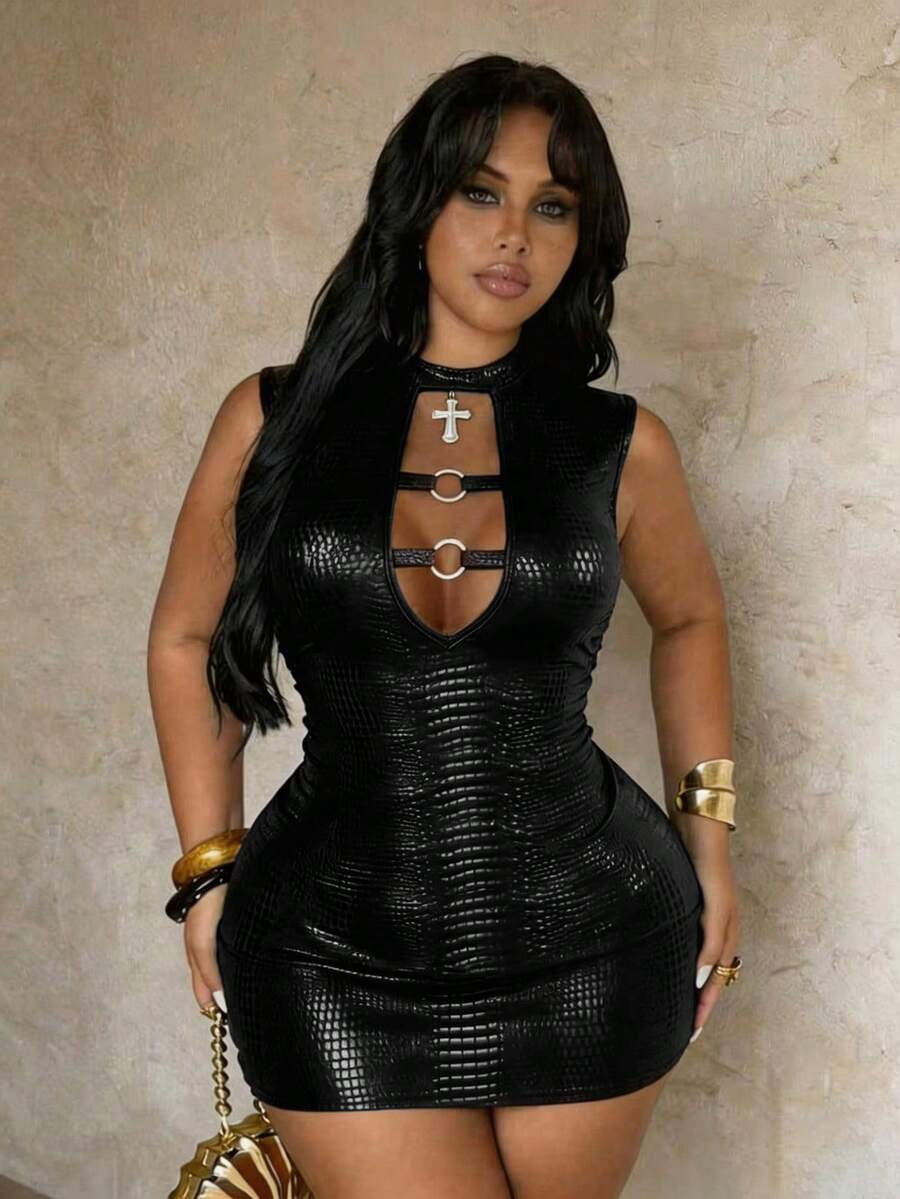 thumbnail image 1 of Womens Black Sleeveless Bodycon Mini Dress, Snake Print High Waist Cut Out, 1 of 8