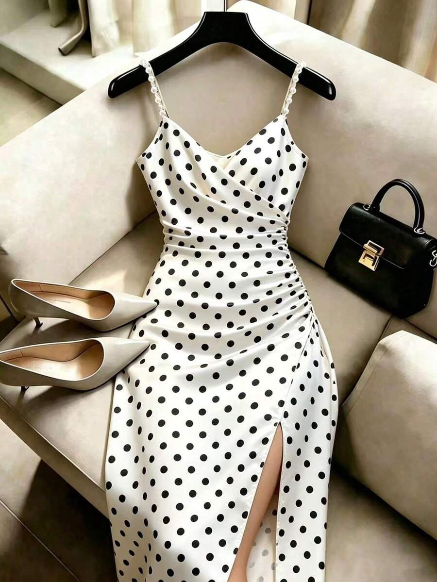 thumbnail image 1 of Womens Black and White Polka Dot Satin Slip Dress, Beaded Spaghetti Strap, 1 of 5