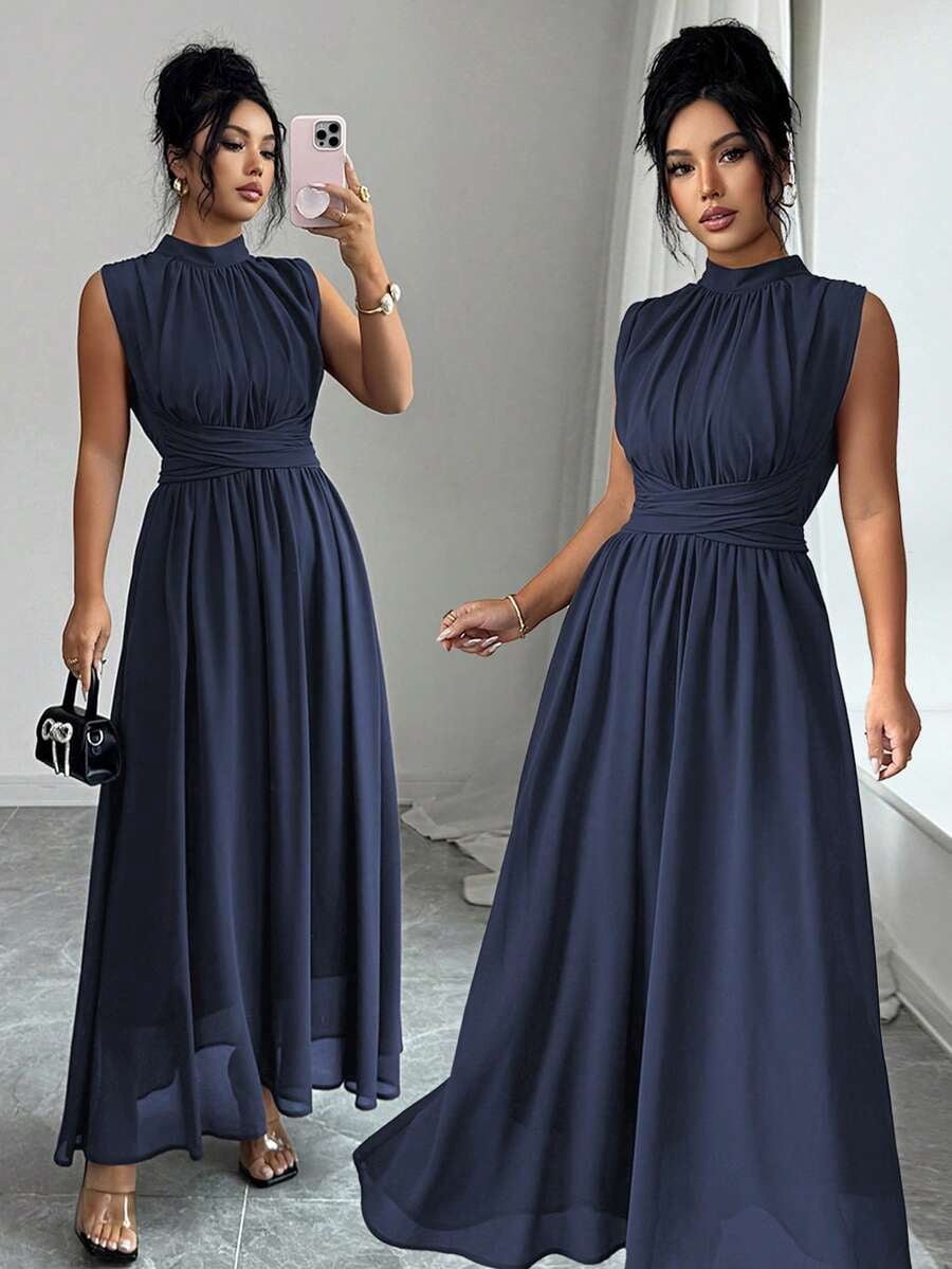 thumbnail image 1 of Womens Blue Sleeveless High Neck Chiffon Maxi Dress With Waist Bow Detail, 1 of 8