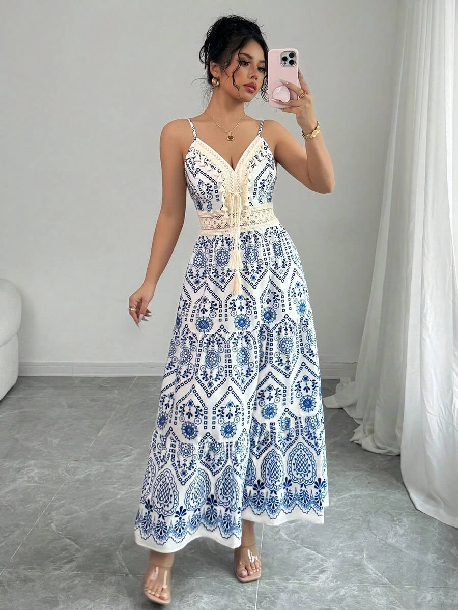 thumbnail image 1 of Womens Blue and White Boho V-Neck Tiered Maxi Dress With Lace & Tassel, 1 of 19