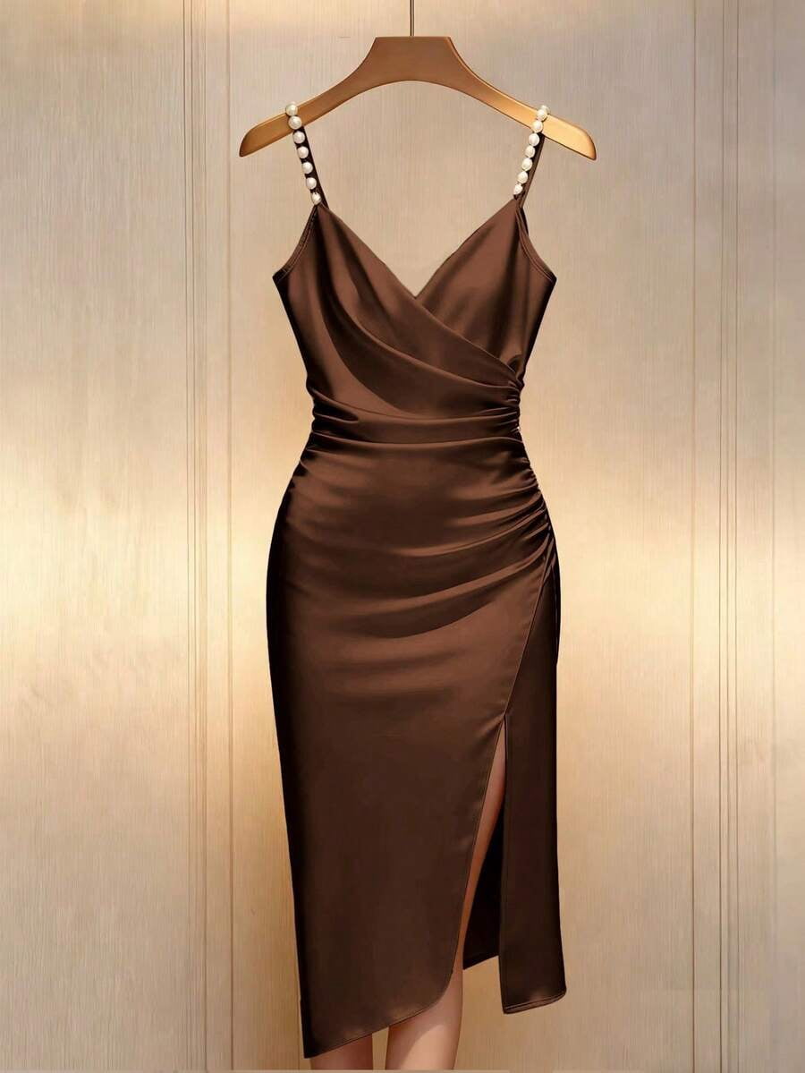 thumbnail image 1 of Womens Brown Satin Slip Dress, Elegant Beaded Spaghetti Strap Cross Neck, 1 of 5