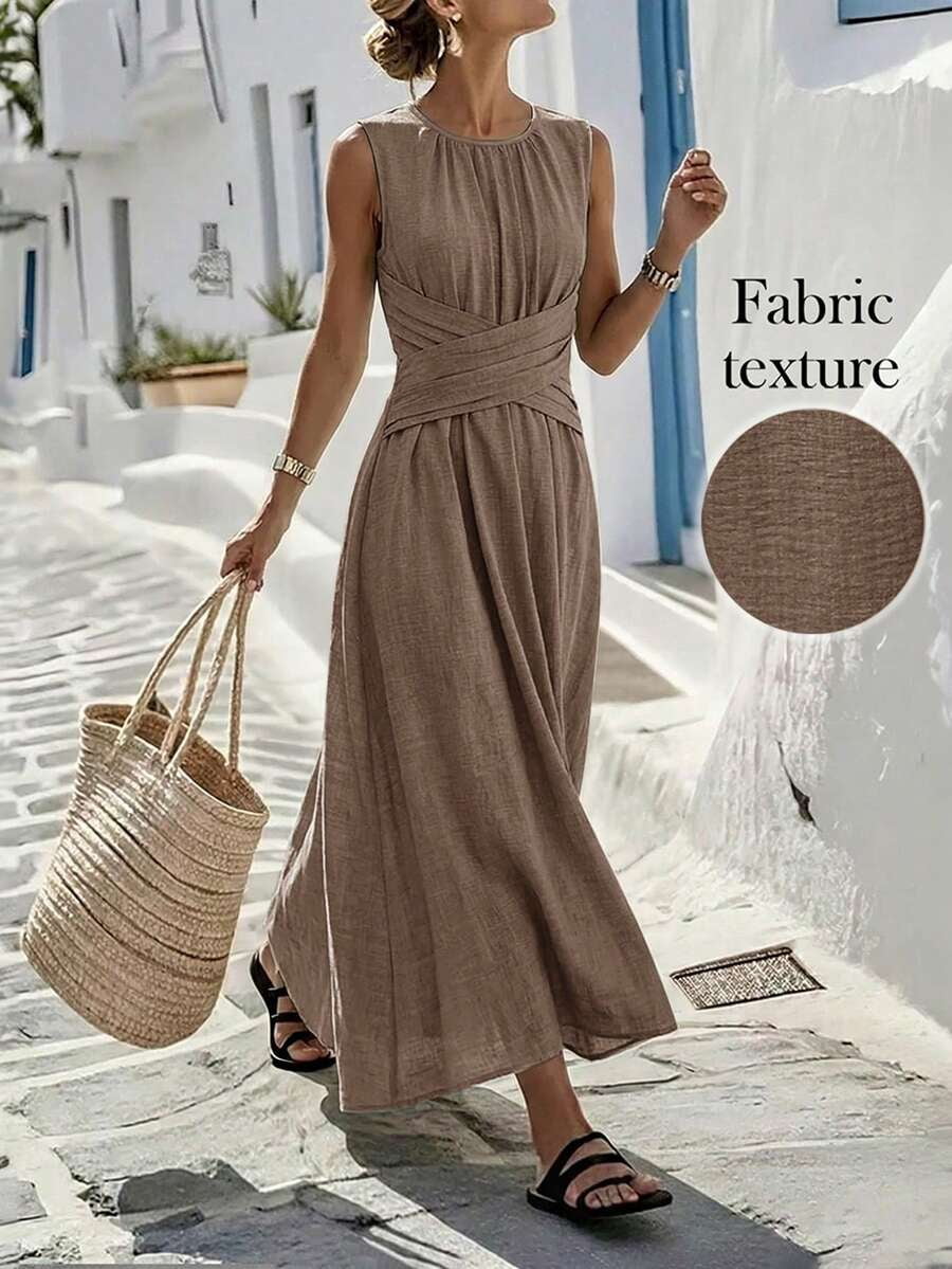thumbnail image 1 of Womens Brown Sleeveless Maxi Dress Criss-Cross Waist Casual Summer, 1 of 4