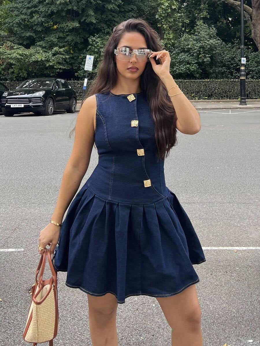thumbnail image 1 of Womens Dark Wash Denim Dress With Goldtone Buttons Pleated Skater Fit, 1 of 6