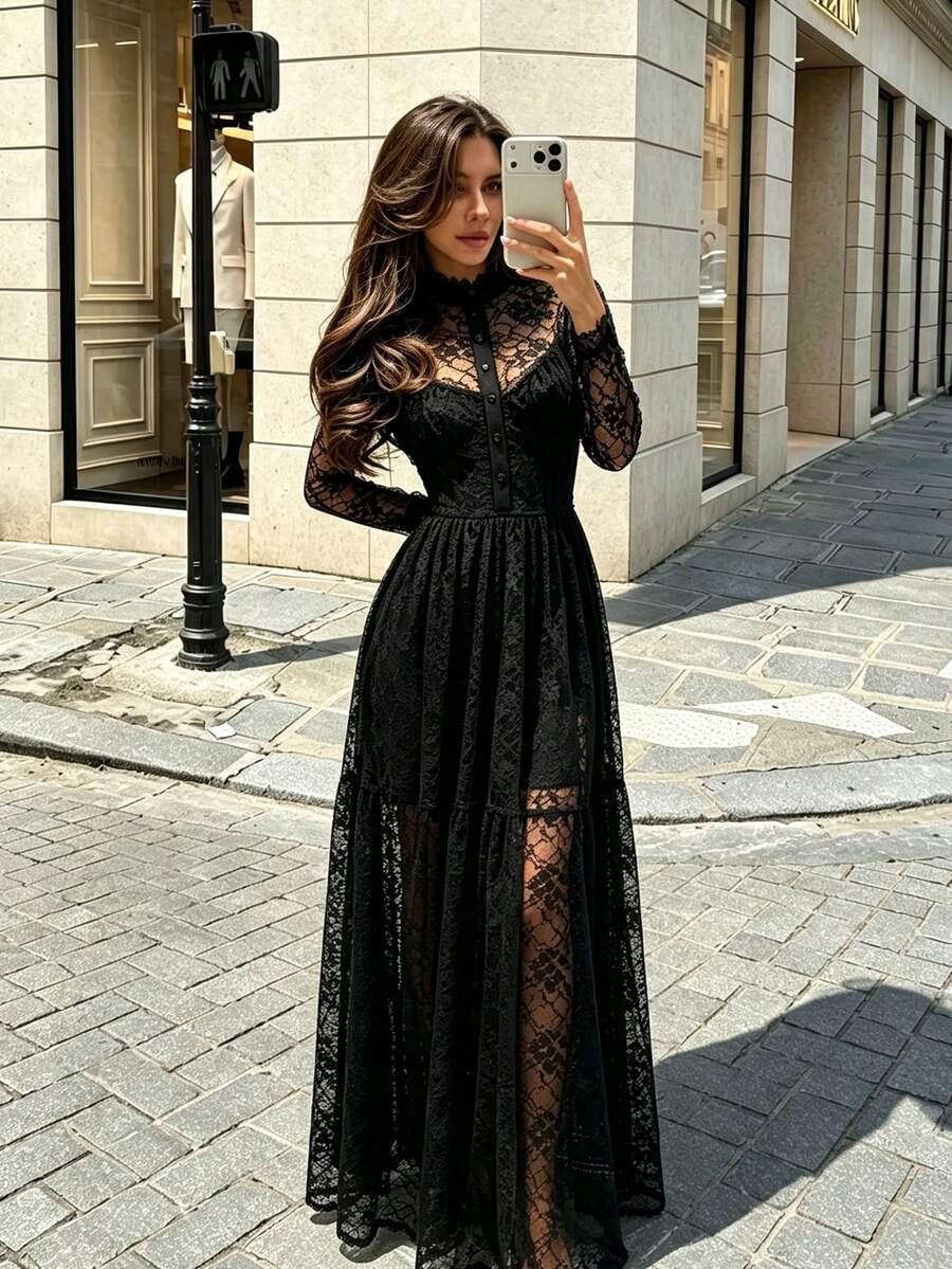 thumbnail image 1 of Womens Elegant Black Lace Long Dress, V-Neck, Long Sleeve, Button Front, 1 of 11
