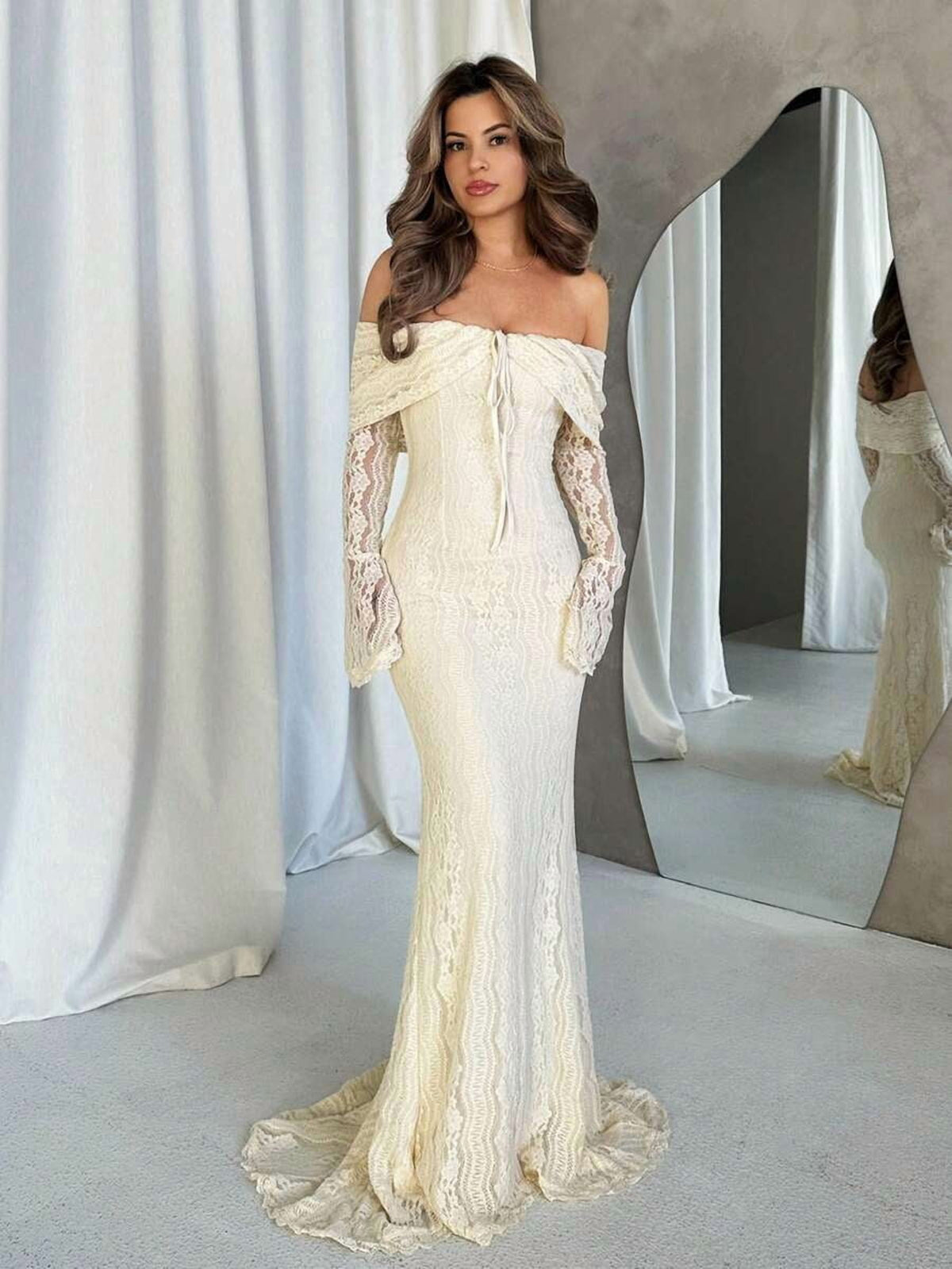 thumbnail image 1 of Womens Elegant Off-Shoulder White Lace Long Sleeve Mermaid Dress, Suitable, 1 of 6