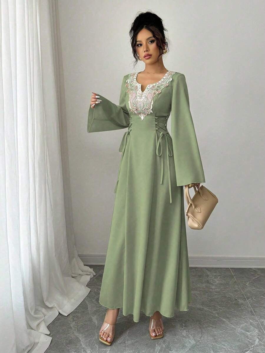 thumbnail image 1 of Womens Elegant Olive Green Maxi Dress with Floral Embroidered V-Neck, Long, 1 of 7